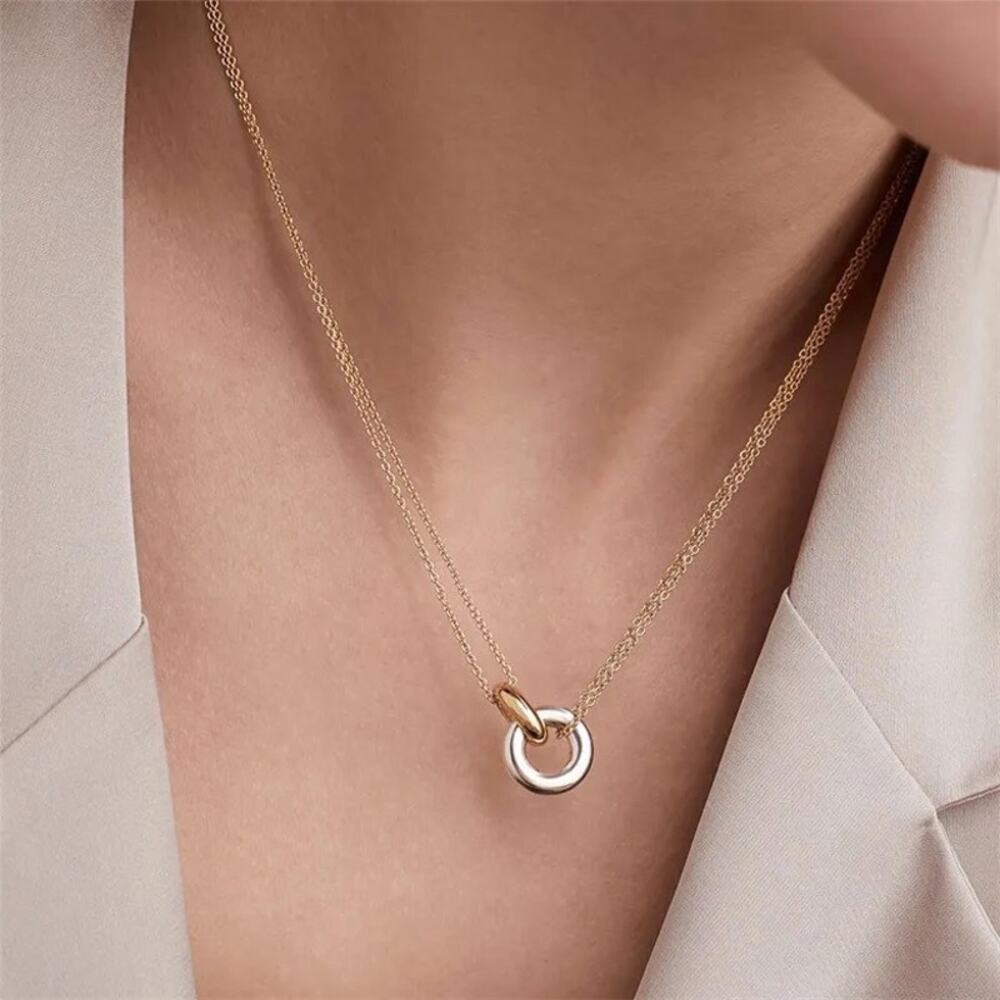 Circle Interlocking Rings Silver & Gold Plated Pendant Fashion Necklace Dainty